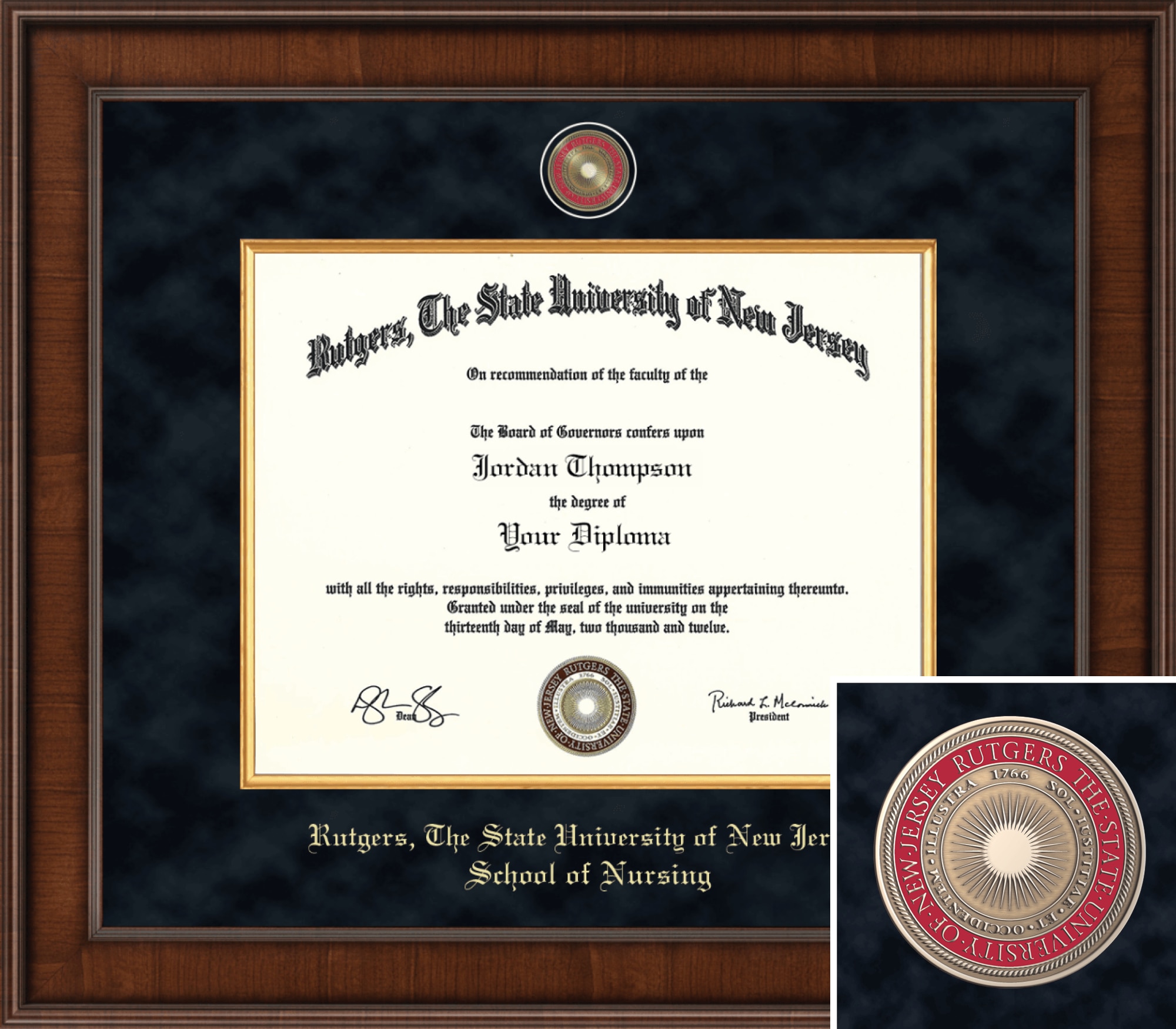 Church Hill Classics 11" x 14" Presidential  Walnut  Masters, PhD,School of Nursing Diploma Frame